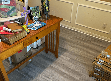Small workspace with wooden flooring