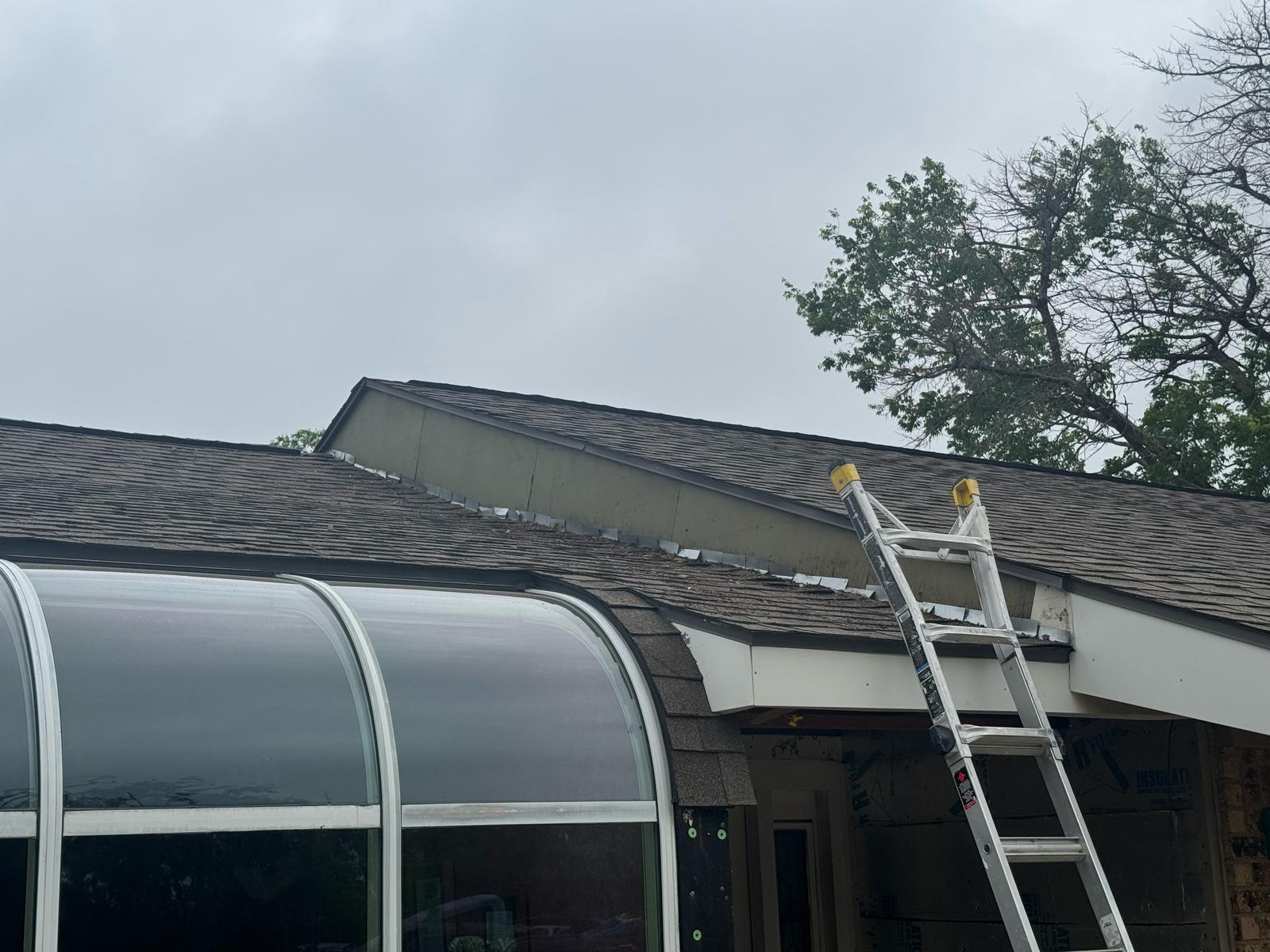 A ladder leaning against a house's roof on a cloudy day.