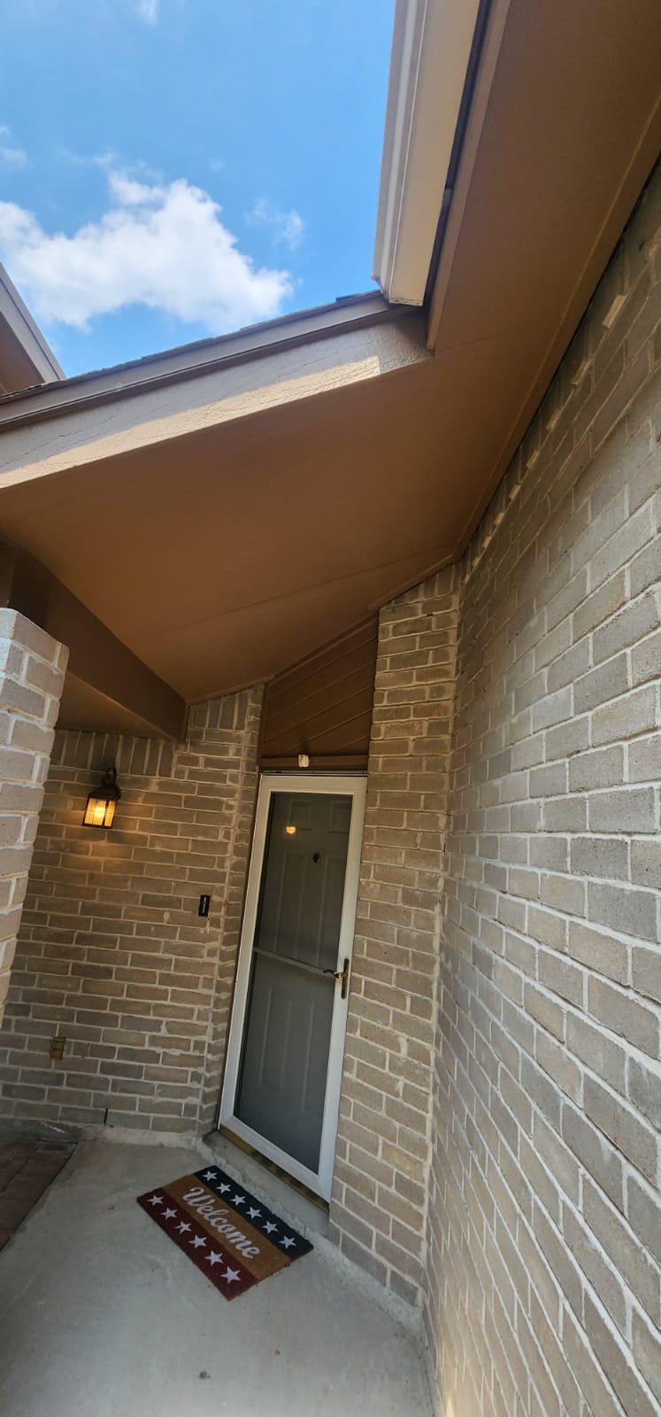 A brick-walled entryway with a closed door and ceiling light.