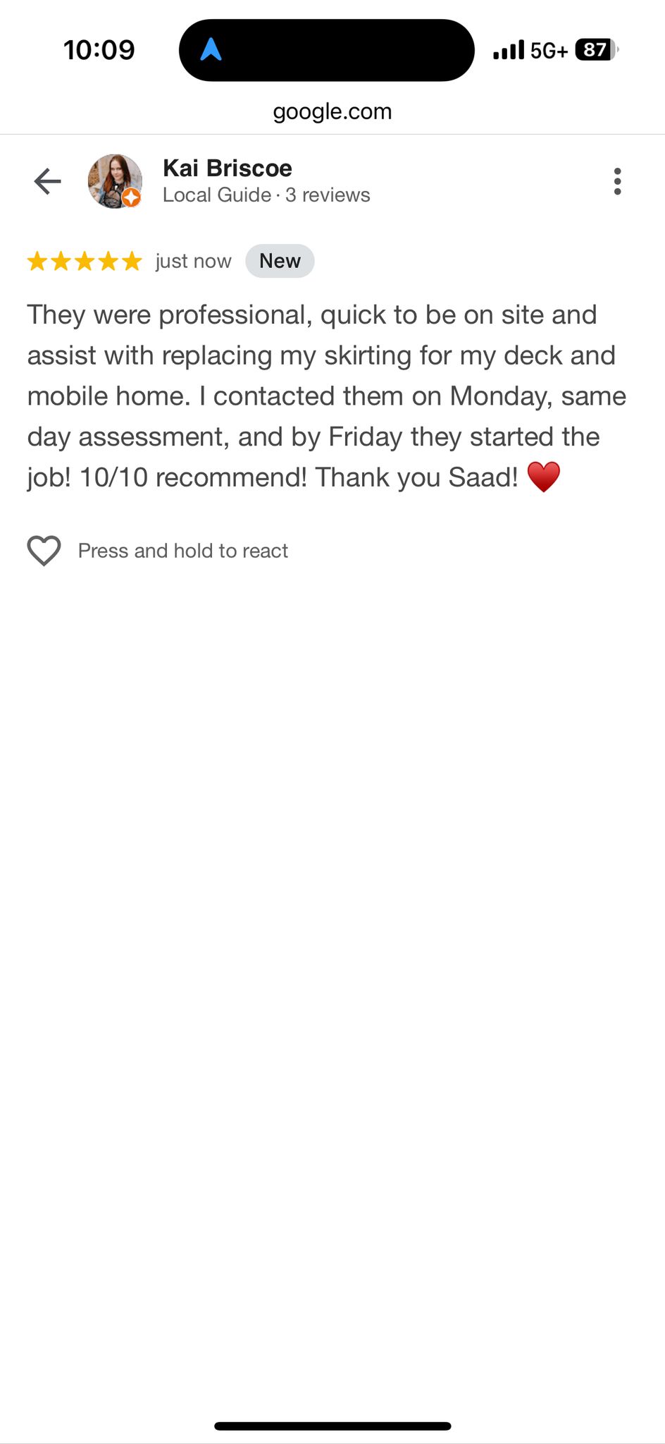 Positive review praising mobile home service and quick start.