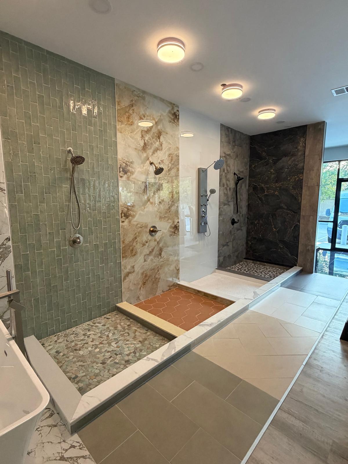 Modern shower area with multiple showerheads and a sleek design.